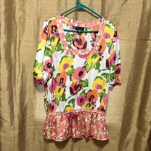 Apostrophe Floral Peplum Blouse in White, Pink, Yellow, Green